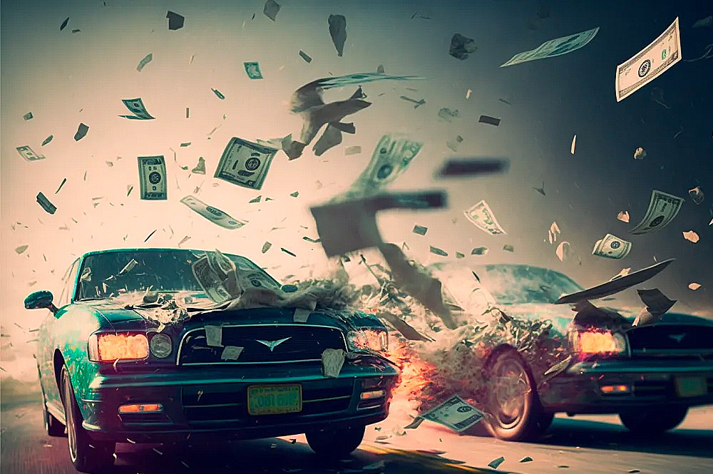 accident with flying dollars around the vehicles