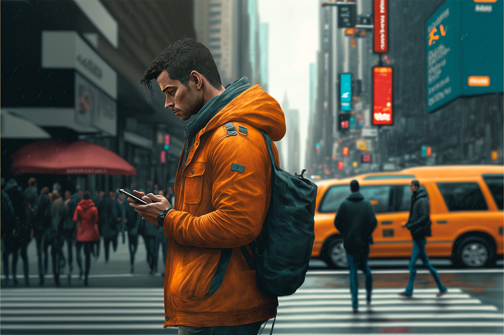 man staring at phone while in street